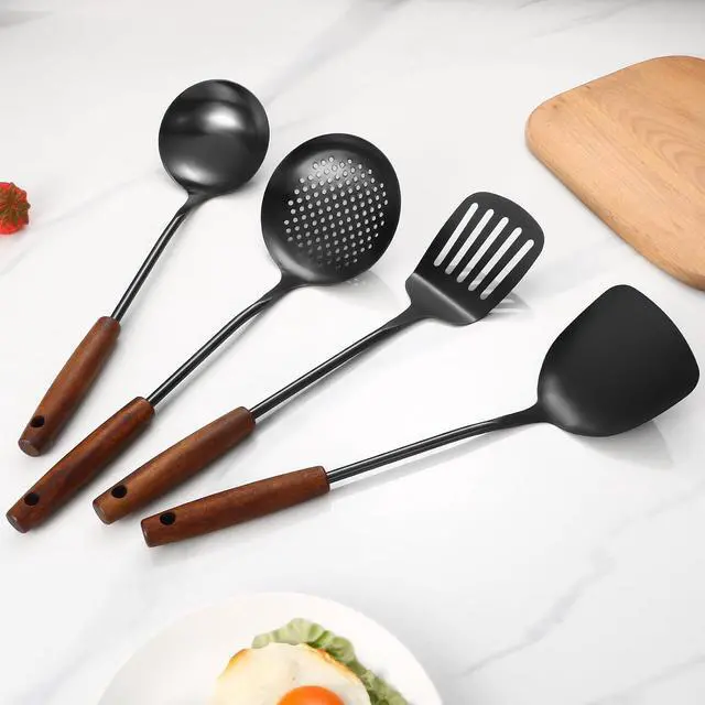 Alt view image 7 of 7 - 304 Stainless Steel Kitchen Utensils Set, 4 Pcs Long Cooking Utensils Set with Wooden Handle, Large Heat Resistant Kitchen Tools(Black, Dishwasher Safe)