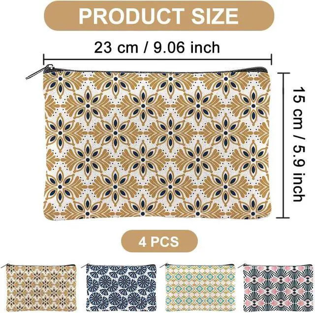 Alt view image 2 of 7 - 4Pcs Boho Makeup Bags 5.91x9.06 inch Floral Canvas Cosmetic Bags with Zipper Canvas Travel Toiletry Pouches for Women Party Shopping Home Accessories(Orange Blue Green Gold)