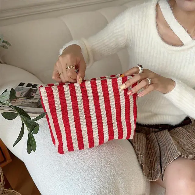 Alt view image 2 of 7 - Flat Makeup Bag for Women,Zipper Cosmetic Pouch for Purse,Stripe Red | Canvas-Lined Makeup Organizer for Purse, Cosmetics, Toiletries, Skincare, Travel Essentials, Brushes, Lipstick and Sunscreen
