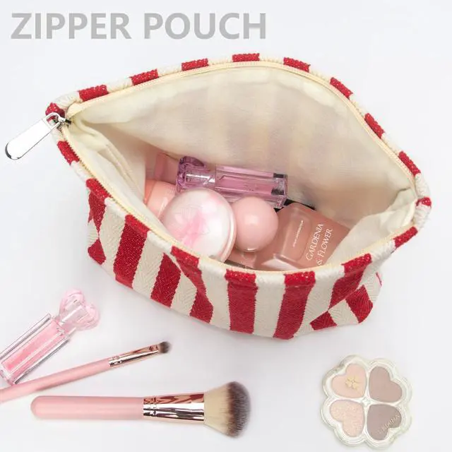 Alt view image 3 of 7 - Flat Makeup Bag for Women,Zipper Cosmetic Pouch for Purse,Stripe Red | Canvas-Lined Makeup Organizer for Purse, Cosmetics, Toiletries, Skincare, Travel Essentials, Brushes, Lipstick and Sunscreen