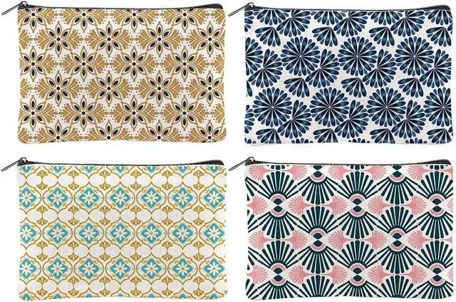 Main image of 4Pcs Boho Makeup Bags 5.91x9.06 inch Floral Canvas Cosmetic Bags with Zipper Canvas Travel Toiletry Pouches for Women Party Shopping Home Accessories(Orange Blue Green Gold)