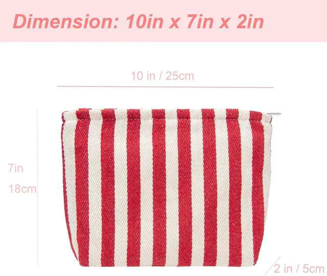 Alt view image 4 of 7 - Flat Makeup Bag for Women,Zipper Cosmetic Pouch for Purse,Stripe Red | Canvas-Lined Makeup Organizer for Purse, Cosmetics, Toiletries, Skincare, Travel Essentials, Brushes, Lipstick and Sunscreen