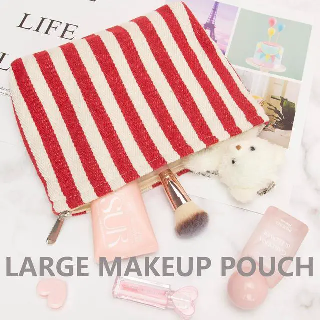 Alt view image 6 of 7 - Flat Makeup Bag for Women,Zipper Cosmetic Pouch for Purse,Stripe Red | Canvas-Lined Makeup Organizer for Purse, Cosmetics, Toiletries, Skincare, Travel Essentials, Brushes, Lipstick and Sunscreen