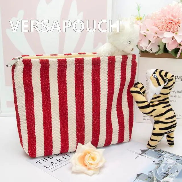 Alt view image 5 of 7 - Flat Makeup Bag for Women,Zipper Cosmetic Pouch for Purse,Stripe Red | Canvas-Lined Makeup Organizer for Purse, Cosmetics, Toiletries, Skincare, Travel Essentials, Brushes, Lipstick and Sunscreen
