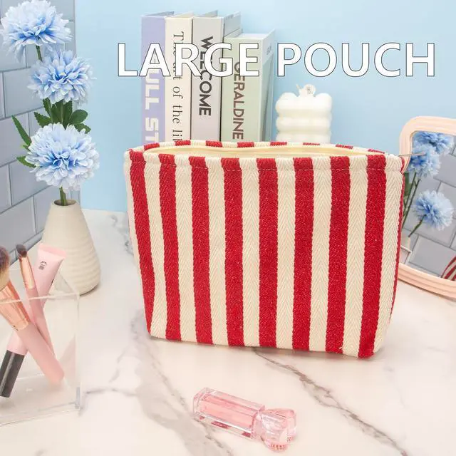 Alt view image 7 of 7 - Flat Makeup Bag for Women,Zipper Cosmetic Pouch for Purse,Stripe Red | Canvas-Lined Makeup Organizer for Purse, Cosmetics, Toiletries, Skincare, Travel Essentials, Brushes, Lipstick and Sunscreen