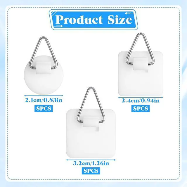 Alt view image 2 of 7 - Thinp 24 Pcs Self Adhesive Picture Hangers, Invisible Picture Hanging Hooks Without Nails Vertical Adhesive Frame Hooks Sticky Plate Hangers for the Wall Plate Photo Frame Wall Art Decor (3 Sizes)