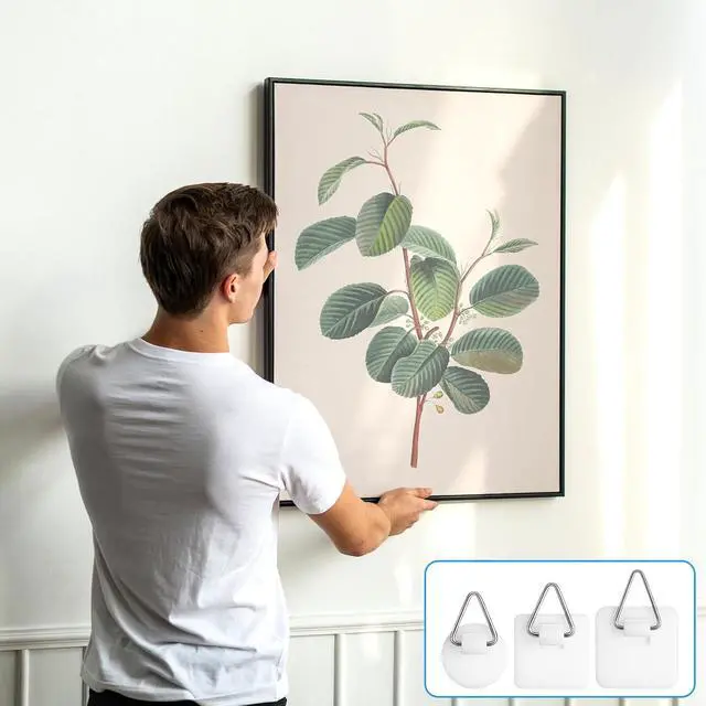Alt view image 4 of 7 - Thinp 24 Pcs Self Adhesive Picture Hangers, Invisible Picture Hanging Hooks Without Nails Vertical Adhesive Frame Hooks Sticky Plate Hangers for the Wall Plate Photo Frame Wall Art Decor (3 Sizes)