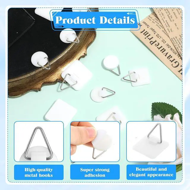 Alt view image 3 of 7 - Thinp 24 Pcs Self Adhesive Picture Hangers, Invisible Picture Hanging Hooks Without Nails Vertical Adhesive Frame Hooks Sticky Plate Hangers for the Wall Plate Photo Frame Wall Art Decor (3 Sizes)