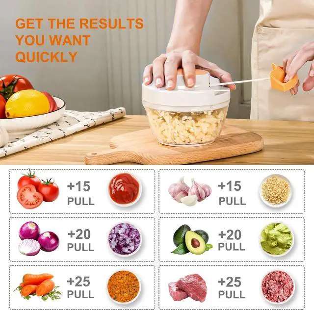 Alt view image 2 of 7 - Manual Food Processor & Vegetable Chopper, Hand Pull String Garlic Mincer Onion Chopper Dicer for Salsa Pesto Guacamole, 3 Stainless Steel Blades, 500ml White