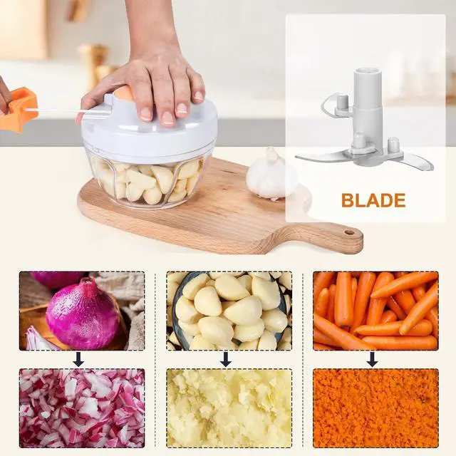 Alt view image 5 of 7 - Manual Food Processor & Vegetable Chopper, Hand Pull String Garlic Mincer Onion Chopper Dicer for Salsa Pesto Guacamole, 3 Stainless Steel Blades, 500ml White