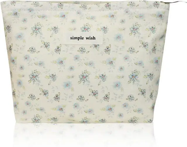 Main image of Wudygirl Small Makeup Bag Cosmetic Bag for Women 8.3"x5.9" Blue Floral | Canvas Lined Makeup Pouch for Skincare, Toiletries, Brushes, Zippered Storage, Ideal for Travel, Gym, Daily, Gift Giving