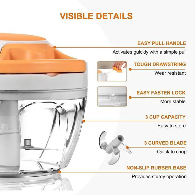 Alt view image 6 of 7 - Manual Food Processor & Vegetable Chopper, Hand Pull String Garlic Mincer Onion Chopper Dicer for Salsa Pesto Guacamole, 3 Stainless Steel Blades, 500ml White