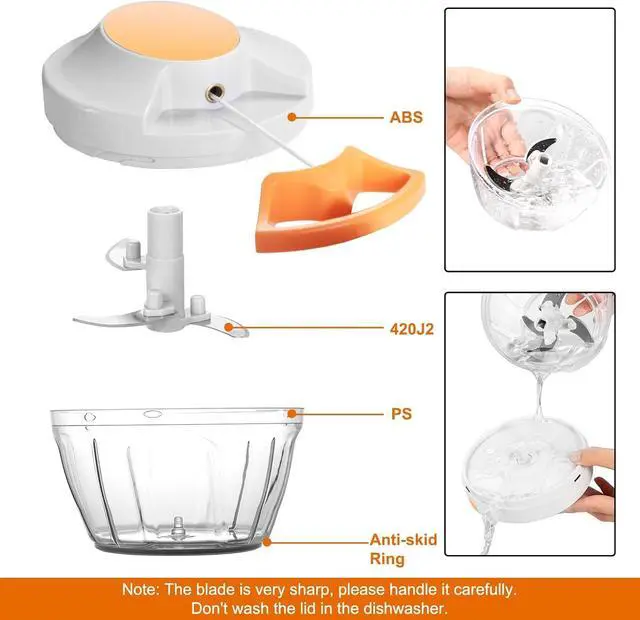 Alt view image 7 of 7 - Manual Food Processor & Vegetable Chopper, Hand Pull String Garlic Mincer Onion Chopper Dicer for Salsa Pesto Guacamole, 3 Stainless Steel Blades, 500ml White