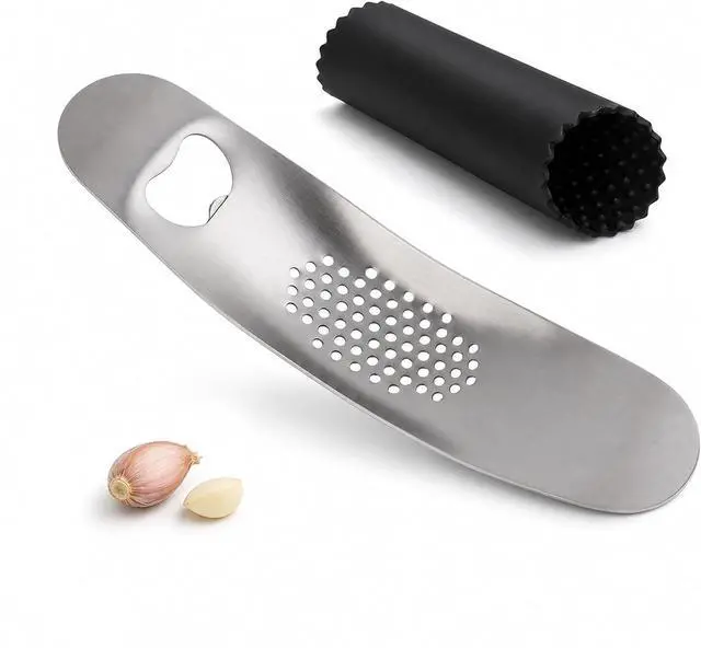 Main image of Garlic Press Rocker, Stainless Steel Mincer with Peeler | Silicone peeler, bottle opener handle, ginger crushing, dishwasher-safe rinse, compact drawer storage