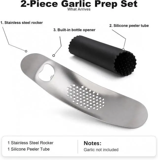 Alt view image 2 of 7 - Garlic Press Rocker, Stainless Steel Mincer with Peeler | Silicone peeler, bottle opener handle, ginger crushing, dishwasher-safe rinse, compact drawer storage