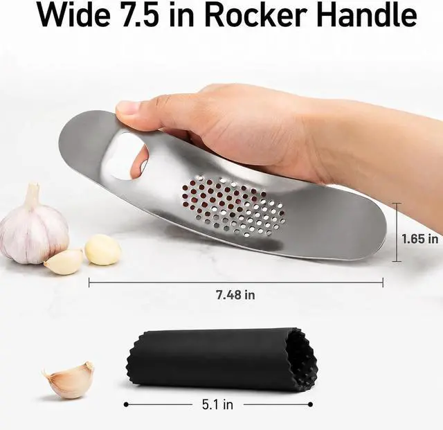 Alt view image 5 of 7 - Garlic Press Rocker, Stainless Steel Mincer with Peeler | Silicone peeler, bottle opener handle, ginger crushing, dishwasher-safe rinse, compact drawer storage