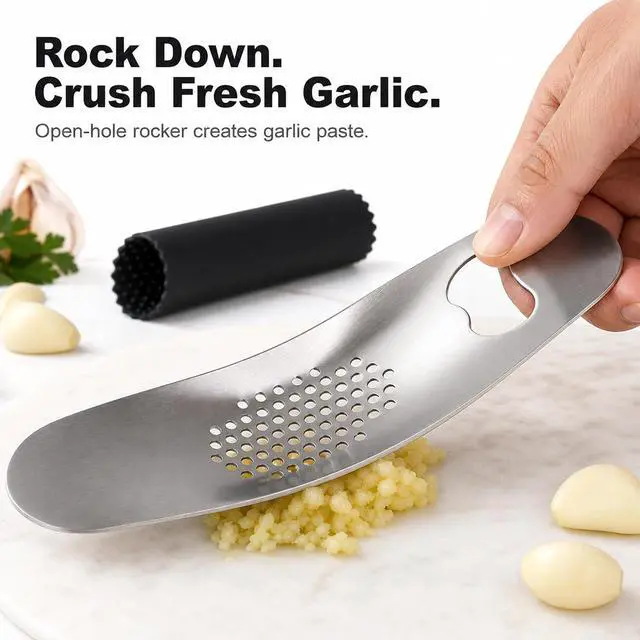 Alt view image 3 of 7 - Garlic Press Rocker, Stainless Steel Mincer with Peeler | Silicone peeler, bottle opener handle, ginger crushing, dishwasher-safe rinse, compact drawer storage