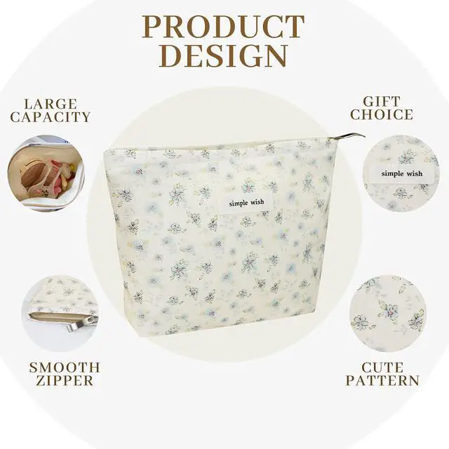 Alt view image 3 of 6 - Wudygirl Small Makeup Bag Cosmetic Bag for Women 8.3"x5.9" Blue Floral | Canvas Lined Makeup Pouch for Skincare, Toiletries, Brushes, Zippered Storage, Ideal for Travel, Gym, Daily, Gift Giving