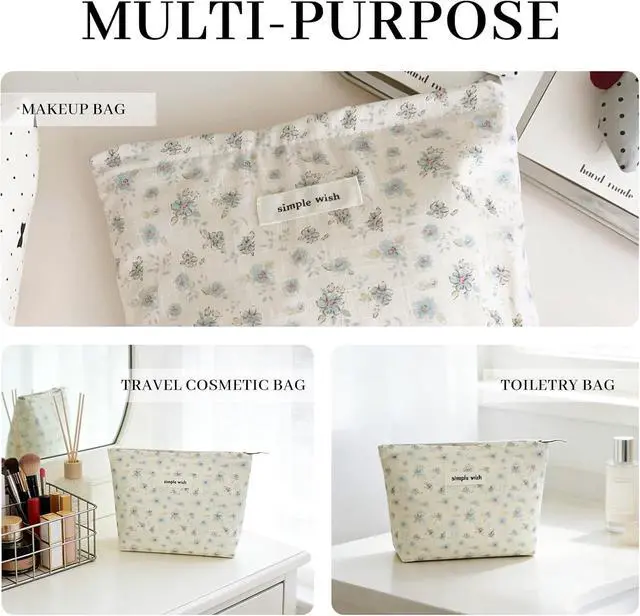 Alt view image 4 of 6 - Wudygirl Small Makeup Bag Cosmetic Bag for Women 8.3"x5.9" Blue Floral | Canvas Lined Makeup Pouch for Skincare, Toiletries, Brushes, Zippered Storage, Ideal for Travel, Gym, Daily, Gift Giving