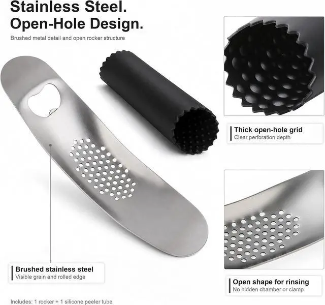 Alt view image 6 of 7 - Garlic Press Rocker, Stainless Steel Mincer with Peeler | Silicone peeler, bottle opener handle, ginger crushing, dishwasher-safe rinse, compact drawer storage