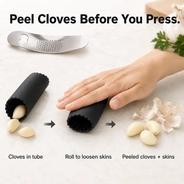 Alt view image 4 of 7 - Garlic Press Rocker, Stainless Steel Mincer with Peeler | Silicone peeler, bottle opener handle, ginger crushing, dishwasher-safe rinse, compact drawer storage