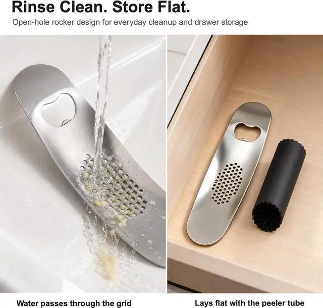 Alt view image 7 of 7 - Garlic Press Rocker, Stainless Steel Mincer with Peeler | Silicone peeler, bottle opener handle, ginger crushing, dishwasher-safe rinse, compact drawer storage