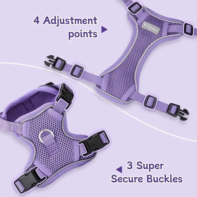 Alt view image 3 of 7 - Small Dog Harness and Leash Set, Adjustable Small Sized Pet Vest | Reflective Soft Breathable Mesh, 3 Buckles, Adjustable Neck and Chest, Easy on and Comfortable Secure Walking, Purple, S