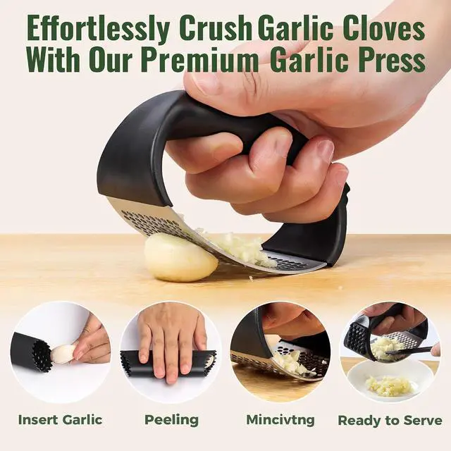 Alt view image 2 of 6 - Pomyter Garlic Press Rocker, Stainless Steel Garlic Mincer and Garlic Crusher, Easy-Squeeze Garlic Tool with Peeler and Cleaning Brush for Smashing Garlic