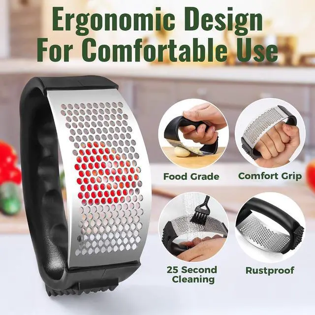 Alt view image 4 of 6 - Pomyter Garlic Press Rocker, Stainless Steel Garlic Mincer and Garlic Crusher, Easy-Squeeze Garlic Tool with Peeler and Cleaning Brush for Smashing Garlic