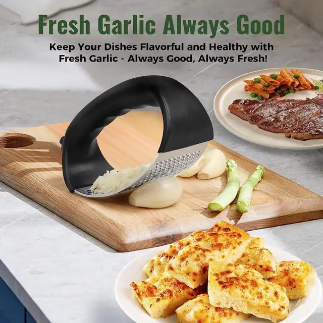 Alt view image 5 of 6 - Pomyter Garlic Press Rocker, Stainless Steel Garlic Mincer and Garlic Crusher, Easy-Squeeze Garlic Tool with Peeler and Cleaning Brush for Smashing Garlic