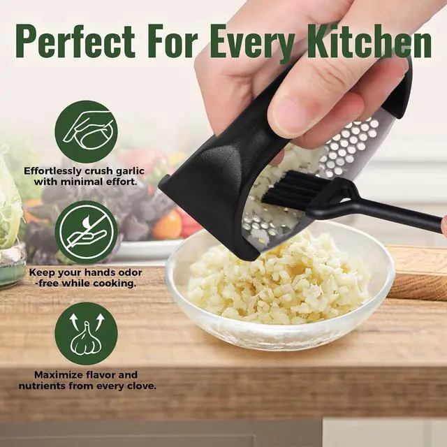 Alt view image 3 of 6 - Pomyter Garlic Press Rocker, Stainless Steel Garlic Mincer and Garlic Crusher, Easy-Squeeze Garlic Tool with Peeler and Cleaning Brush for Smashing Garlic