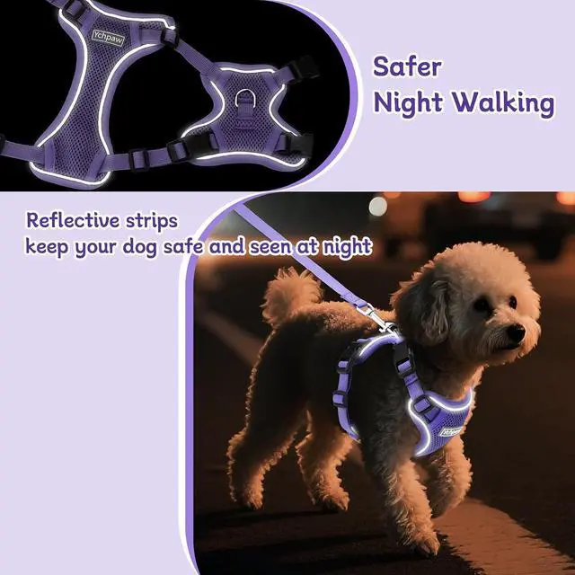Alt view image 4 of 7 - Small Dog Harness and Leash Set, Adjustable Small Sized Pet Vest | Reflective Soft Breathable Mesh, 3 Buckles, Adjustable Neck and Chest, Easy on and Comfortable Secure Walking, Purple, S