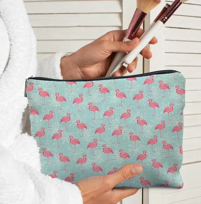 Alt view image 2 of 6 - Flamingo Makeup Bag for Women, Flamingo Gifts for Women, Summer Beachy Blue Cosmetic Bags, Flamingos Lover Gifts,Animal Zipper Makeup Pouch for Purse