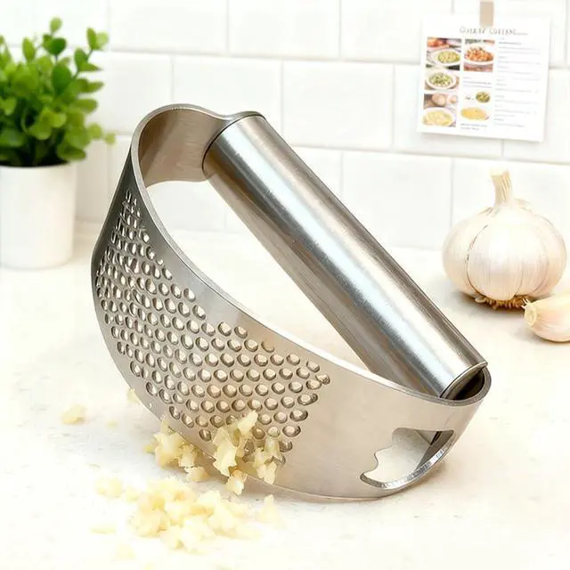 Alt view image 2 of 7 - Garlic Press Set,Garlic Press Rocker Heavy Duty Stainless Steel Garlic Mincer, Garlic Chopper with Peeler And Cleaning Brush for Smash Garlic Kitchen Tools(1Set)