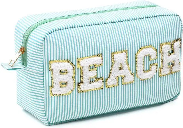 Main image of Sanwuta Seersucker Cosmetic Bag Beach Makeup Bag Chenille Letter Stripe Beach Pouch for Women Large Preppy Storage Pouch Toiletry Travel Organizer Essentials for Travel