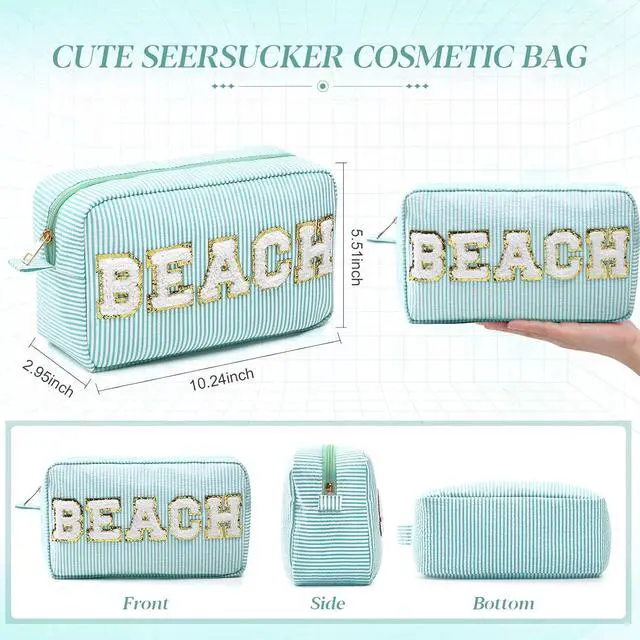Alt view image 2 of 7 - Sanwuta Seersucker Cosmetic Bag Beach Makeup Bag Chenille Letter Stripe Beach Pouch for Women Large Preppy Storage Pouch Toiletry Travel Organizer Essentials for Travel
