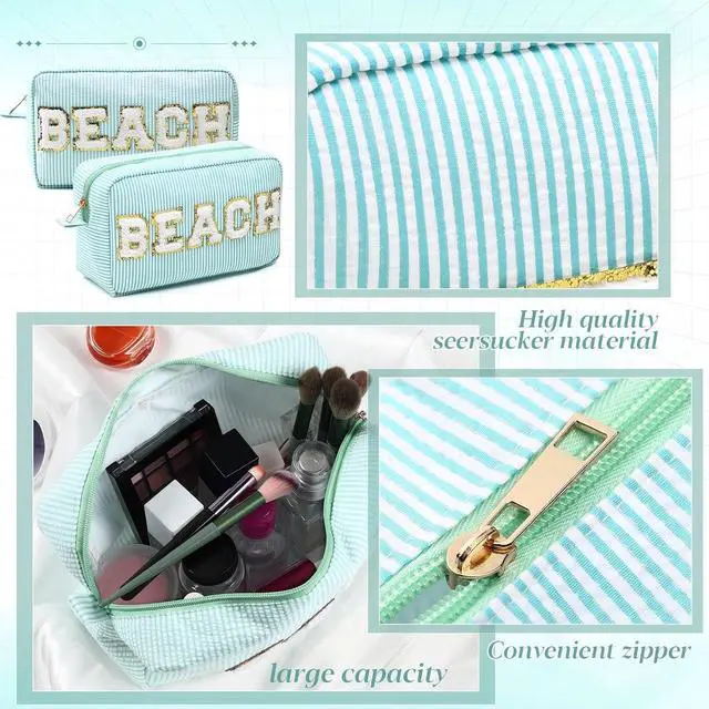 Alt view image 3 of 7 - Sanwuta Seersucker Cosmetic Bag Beach Makeup Bag Chenille Letter Stripe Beach Pouch for Women Large Preppy Storage Pouch Toiletry Travel Organizer Essentials for Travel