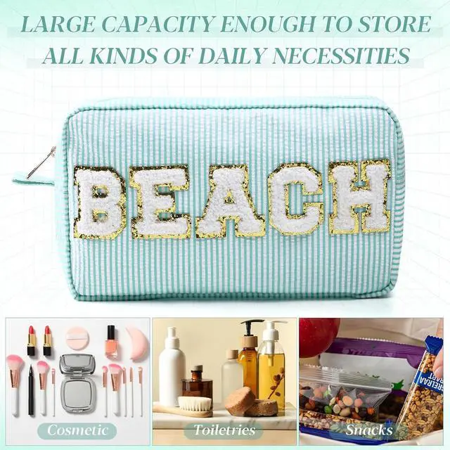 Alt view image 4 of 7 - Sanwuta Seersucker Cosmetic Bag Beach Makeup Bag Chenille Letter Stripe Beach Pouch for Women Large Preppy Storage Pouch Toiletry Travel Organizer Essentials for Travel