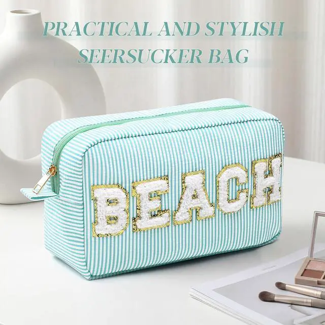 Alt view image 6 of 7 - Sanwuta Seersucker Cosmetic Bag Beach Makeup Bag Chenille Letter Stripe Beach Pouch for Women Large Preppy Storage Pouch Toiletry Travel Organizer Essentials for Travel