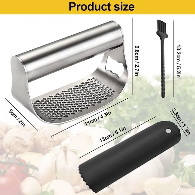 Alt view image 7 of 7 - Garlic Press Set,Garlic Press Rocker Heavy Duty Stainless Steel Garlic Mincer, Garlic Chopper with Peeler And Cleaning Brush for Smash Garlic Kitchen Tools(1Set)