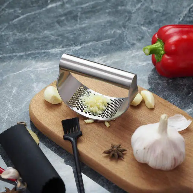 Alt view image 4 of 7 - Stainless Steel Garlic Press,Heavy Duty Manual Crusher | Food Grade Rustproof,Easy Squeeze Max Mincing,Dishwasher Safe,for Home Cooking Camping (Garlic Peeling Set Cleaning Brush)