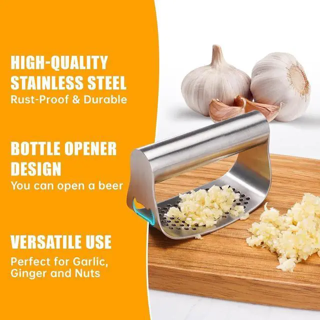 Alt view image 6 of 7 - Stainless Steel Garlic Press,Heavy Duty Manual Crusher | Food Grade Rustproof,Easy Squeeze Max Mincing,Dishwasher Safe,for Home Cooking Camping (Garlic Peeling Set Cleaning Brush)