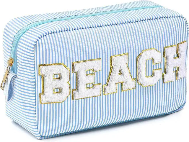 Main image of Sanwuta Seersucker Cosmetic Bags Beach Bag Seersucker Makeup Bags Stripe Women Pouch Large Preppy Storage Pouch Toiletry Travel Organizer for for Beach Travel