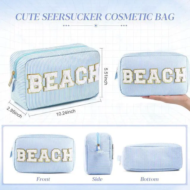 Alt view image 2 of 7 - Sanwuta Seersucker Cosmetic Bags Beach Bag Seersucker Makeup Bags Stripe Women Pouch Large Preppy Storage Pouch Toiletry Travel Organizer for for Beach Travel