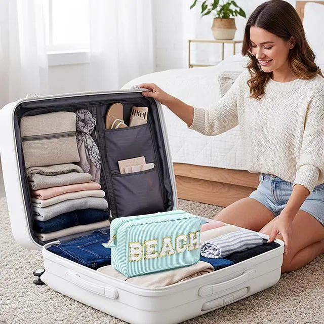 Alt view image 7 of 7 - Sanwuta Seersucker Cosmetic Bag Beach Makeup Bag Chenille Letter Stripe Beach Pouch for Women Large Preppy Storage Pouch Toiletry Travel Organizer Essentials for Travel