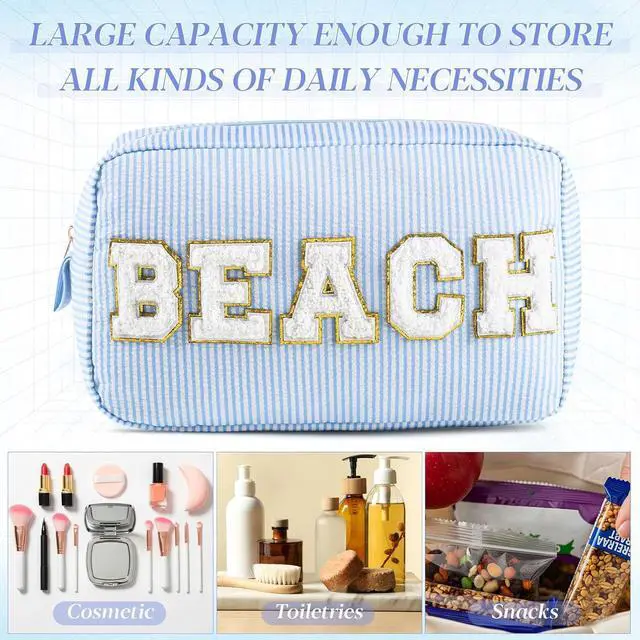 Alt view image 4 of 7 - Sanwuta Seersucker Cosmetic Bags Beach Bag Seersucker Makeup Bags Stripe Women Pouch Large Preppy Storage Pouch Toiletry Travel Organizer for for Beach Travel