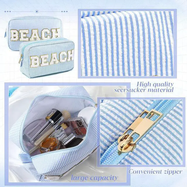Alt view image 3 of 7 - Sanwuta Seersucker Cosmetic Bags Beach Bag Seersucker Makeup Bags Stripe Women Pouch Large Preppy Storage Pouch Toiletry Travel Organizer for for Beach Travel