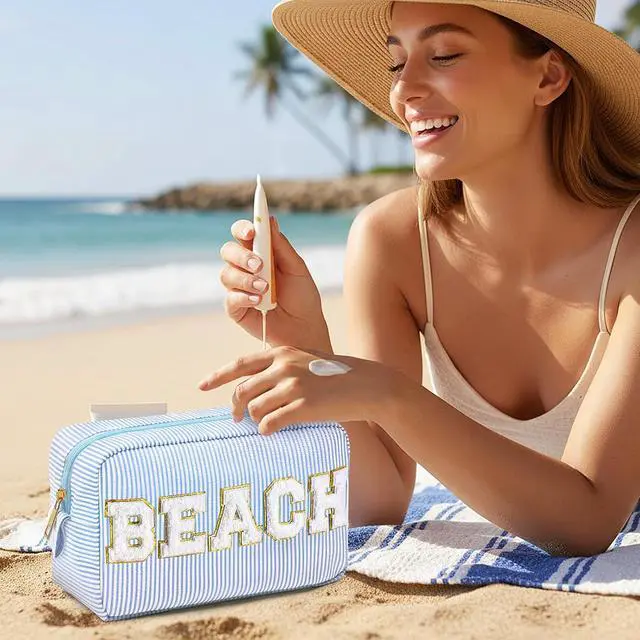 Alt view image 6 of 7 - Sanwuta Seersucker Cosmetic Bags Beach Bag Seersucker Makeup Bags Stripe Women Pouch Large Preppy Storage Pouch Toiletry Travel Organizer for for Beach Travel