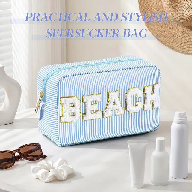 Alt view image 5 of 7 - Sanwuta Seersucker Cosmetic Bags Beach Bag Seersucker Makeup Bags Stripe Women Pouch Large Preppy Storage Pouch Toiletry Travel Organizer for for Beach Travel
