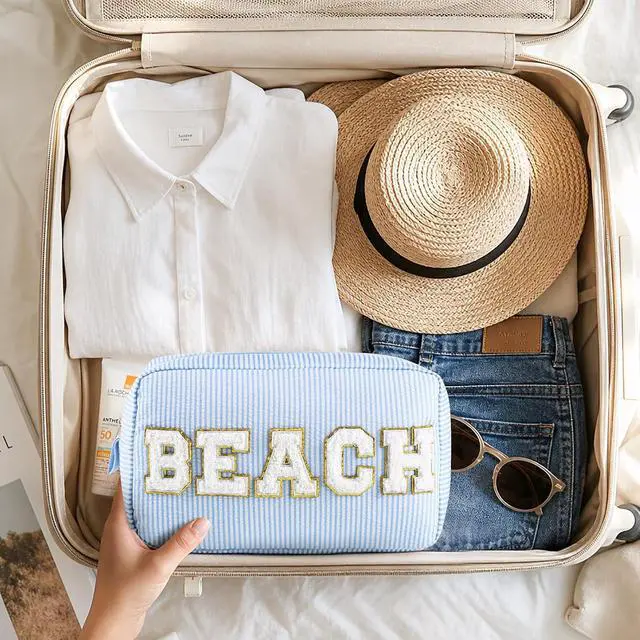 Alt view image 7 of 7 - Sanwuta Seersucker Cosmetic Bags Beach Bag Seersucker Makeup Bags Stripe Women Pouch Large Preppy Storage Pouch Toiletry Travel Organizer for for Beach Travel